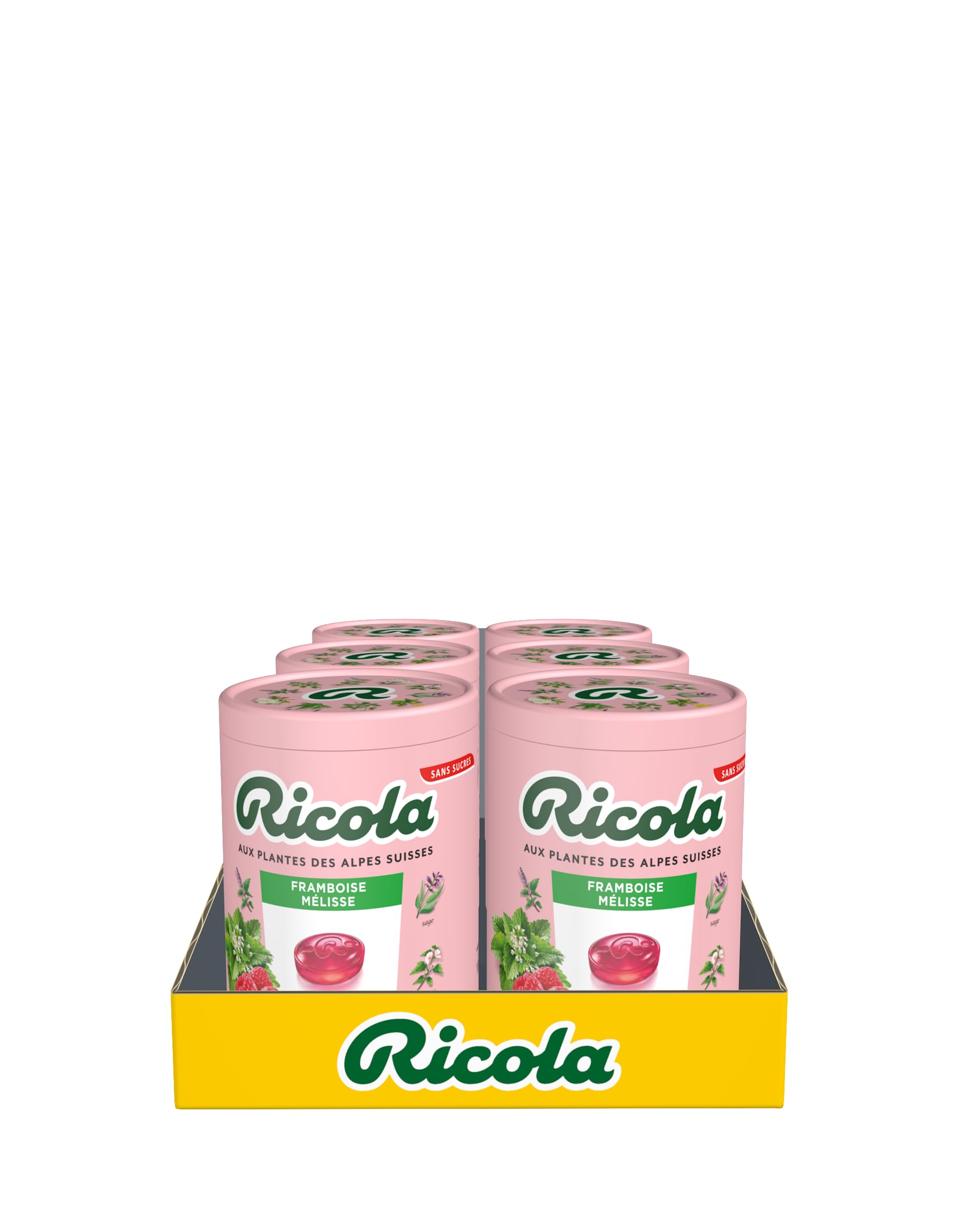 Ricola - Bonbons aux Plantes Suisses - Parfum Framboise Mélisse - Sans Sucres - 6 bottles de 100g