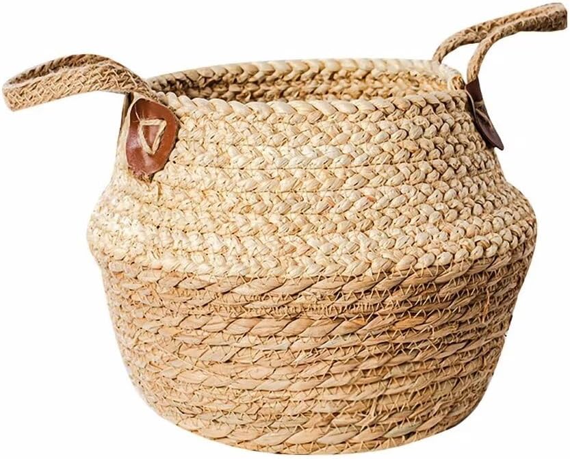 Kerio Handwoven Seagrass Folding Basket with Handles, Woven Plant Pot Holder Plant Basket for Indoor Outdoor, 7.9Inch