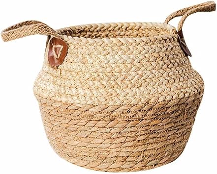 Kerio Handwoven Seagrass Folding Basket with Handles, Woven Plant Pot Holder Plant Basket for Indoor Outdoor, 9.8Inch