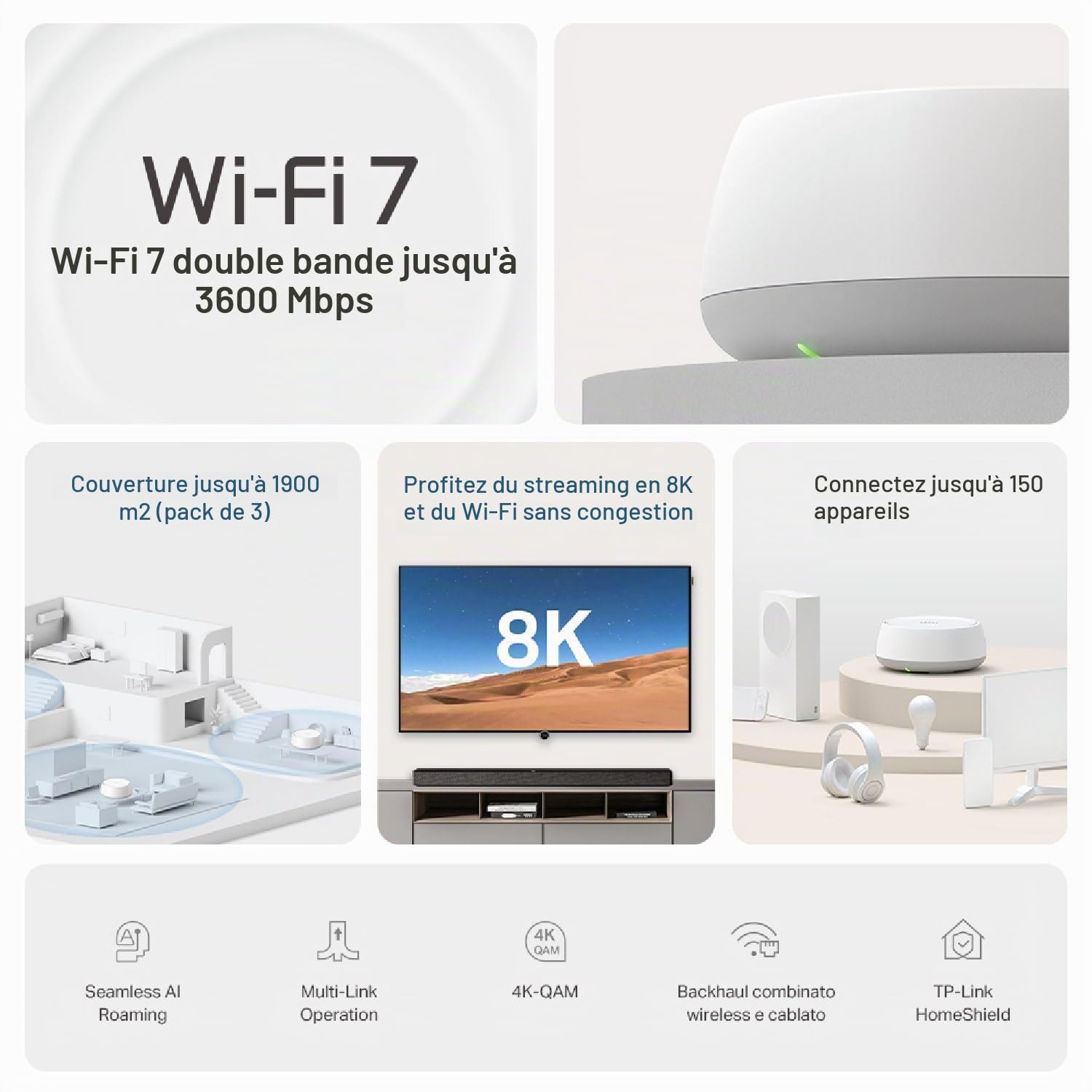 TP-Link WiFi 7 Mesh BE3600 Bi-Bande, Port Ethernet 1,0 Gbps, Opération Multi-Liaison(MLO), Itinérance Transparente, Contrôle Parental, Compatible avec Toutes Les Box Fibre, WPA3, Deco BE3600(3-Pack)