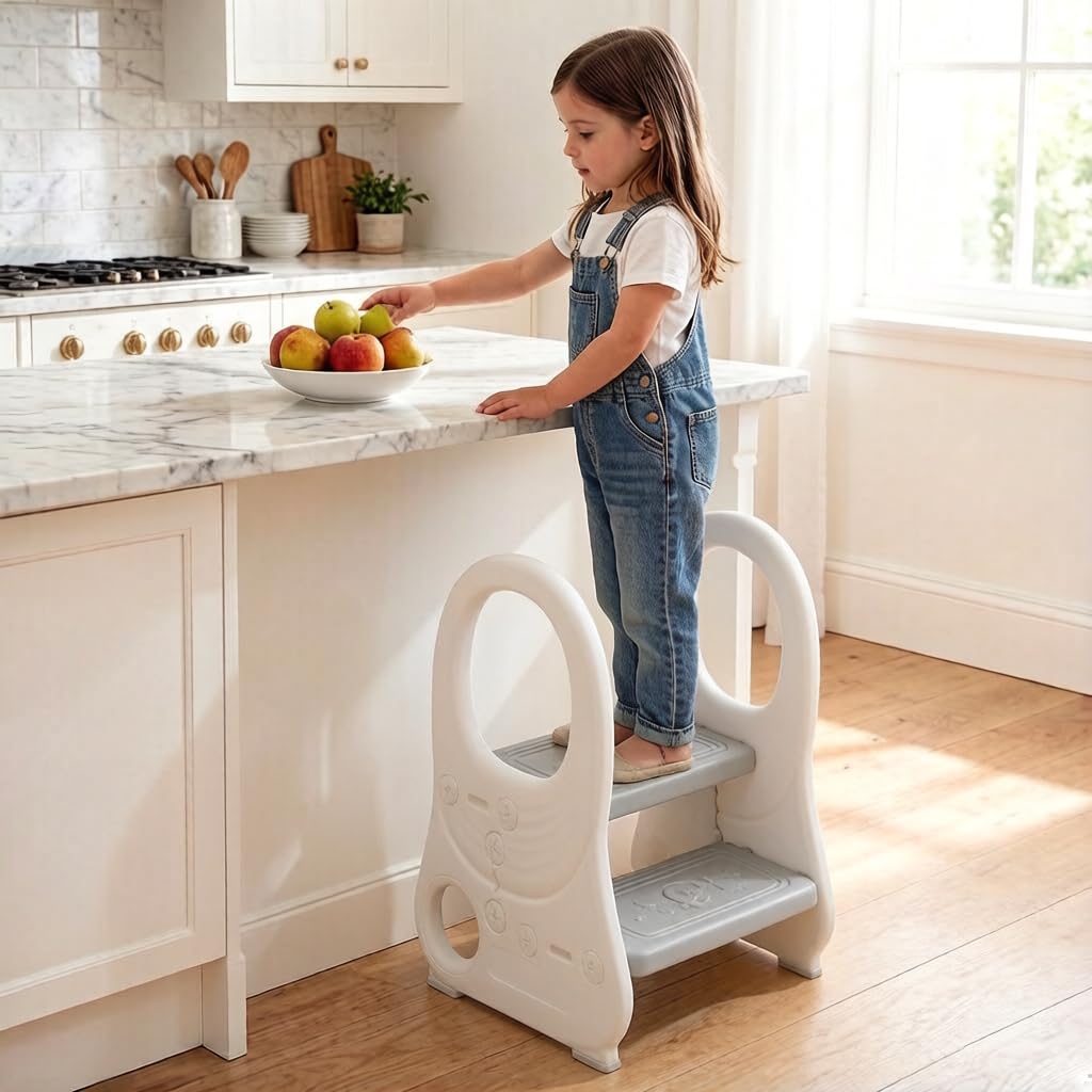 Toddler Step Stool with Handles, 2 Steps Kids Stool for Bathroom Potty Training, Step Ladder for Bedroom Kitchen Counter, Learning Tower with Non-slip Foot Pads, Children Stepping Stool, Grey