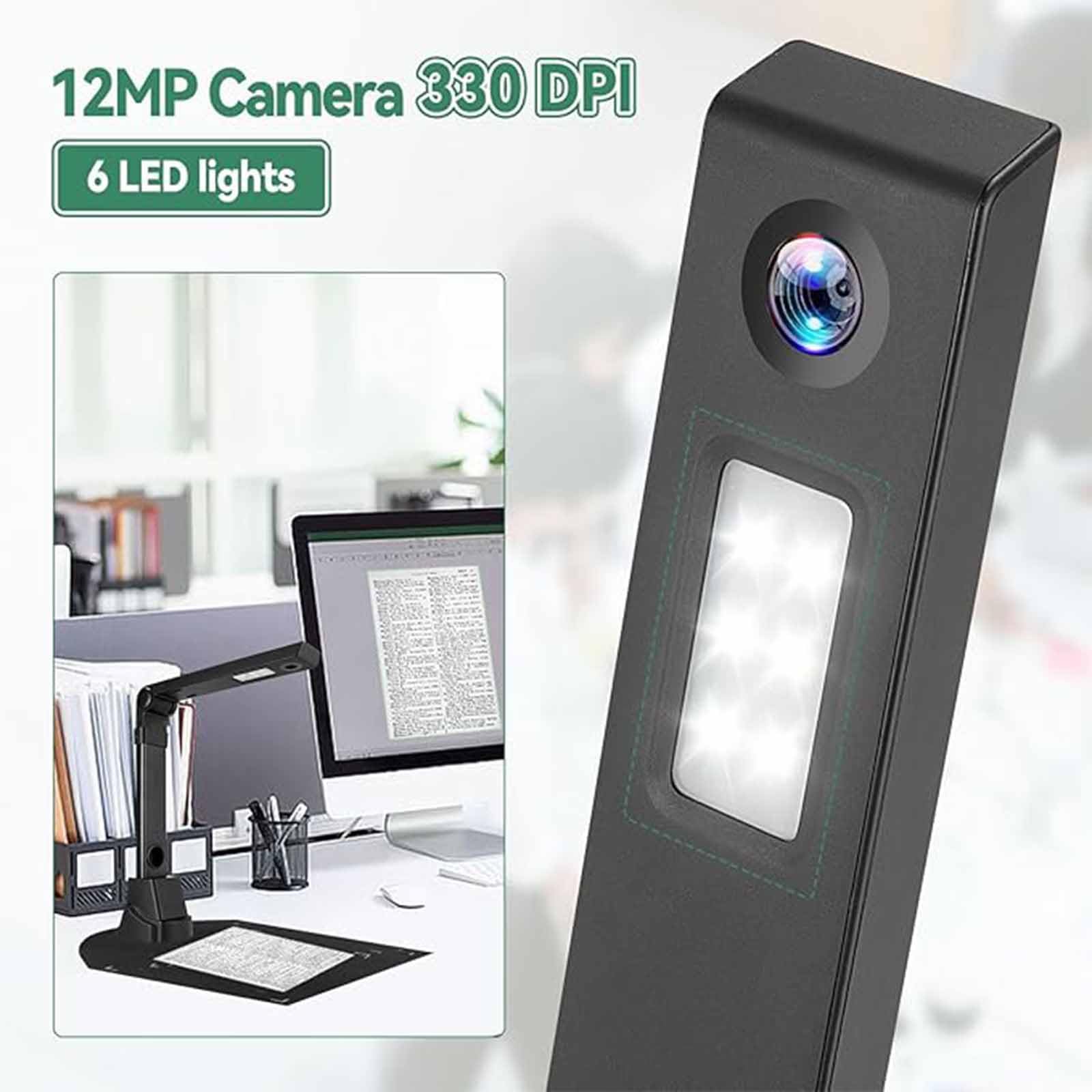Escáner de cámara de documentos, 12 MP con luz LED, reconocimiento de texto OCR, corrección automática de desviación, proyección en tiempo real, PDF de varias páginas