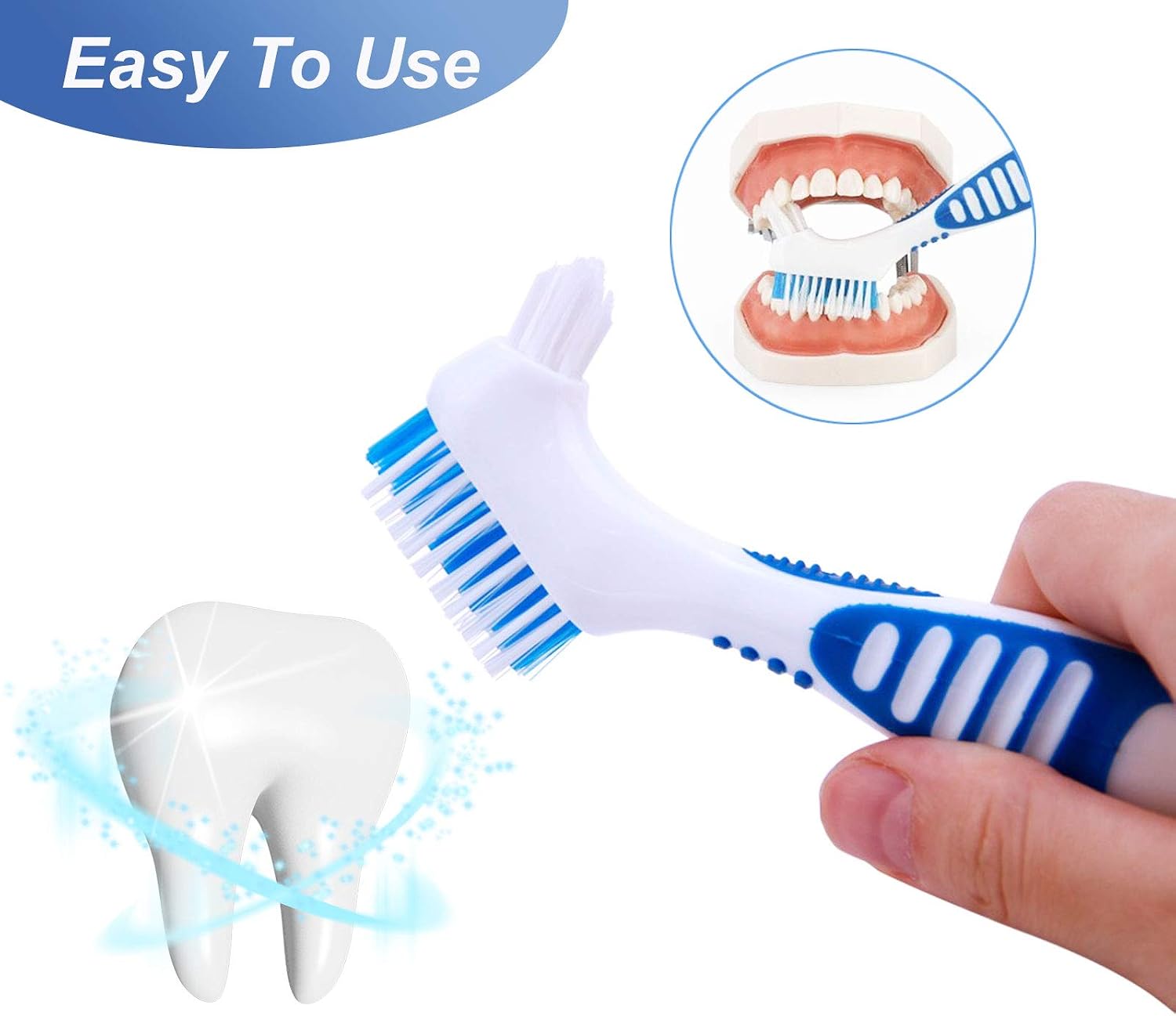 Premium Denture Cleaning Brush Set with Multi-Layered Bristles & Ergonomic Rubber Handle, Portable Denture Double Sided Brush for False Teeth Cleaning, 3 Pieces (Blue, Orange, Purple)