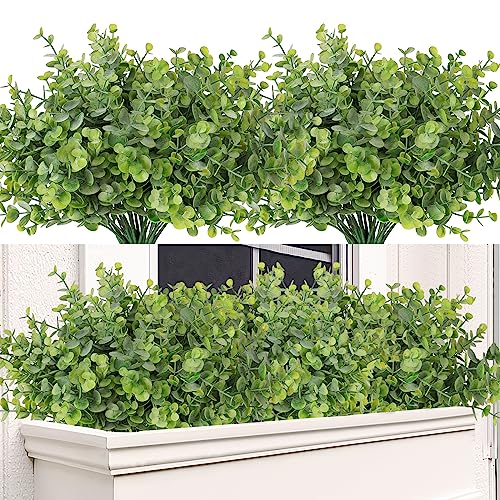 TOCHGREEN 8 Bundles Artificial Eucalyptus Leaves Plants Outdoor UV Resistant Faux Plastic Boxwood Shrubs Fake Greenery Plants for Home Farmhouse Porch Patio Window Garden Decoration (Green)