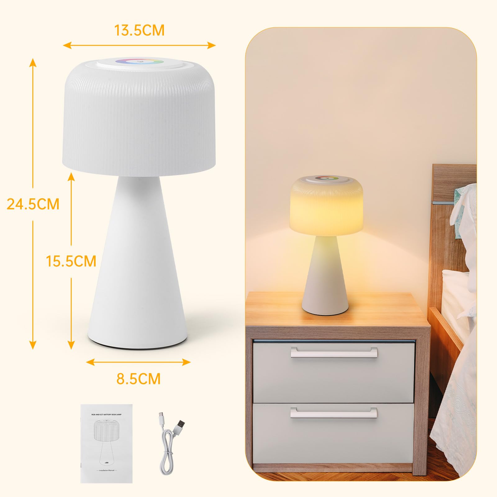 WOWDSGN Lampada da Tavolo a Fungo Ricaricabile - Lampada da Scrivania senza Fili - Infinitamente Dimmerabile 3000K/4000K/5000K/RGB - Batteria 4000mAh - Impermeabile IP44 - Interni/Esterni