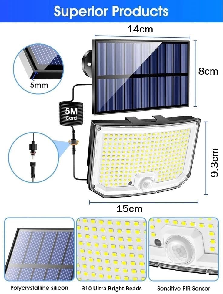 Image of XERGY Solar LED Flood Light - 310 LED Curved Wide-Angle Outdoor Security Wall Light with Motion Sensor & Remote Control | Waterproof | 5-Meter Attached Cable for Home, Garden, Parking, Gate & Yard
