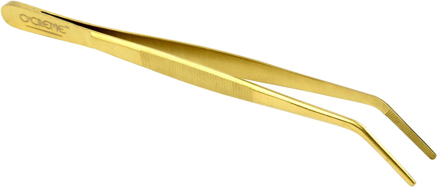 O'Creme Stainless Steel Precision Kitchen Culinary 8 Inch Tweezer Tongs (8" Curved, Gold)