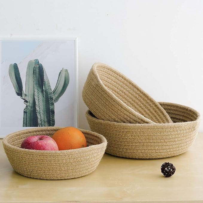 Image of 100% Natural Jute small box mini rope paper storage Round hamper baby nursery tray bucket for Living Kitchen, Drawing Room,fruits, kitchen, office, (beige bowl)