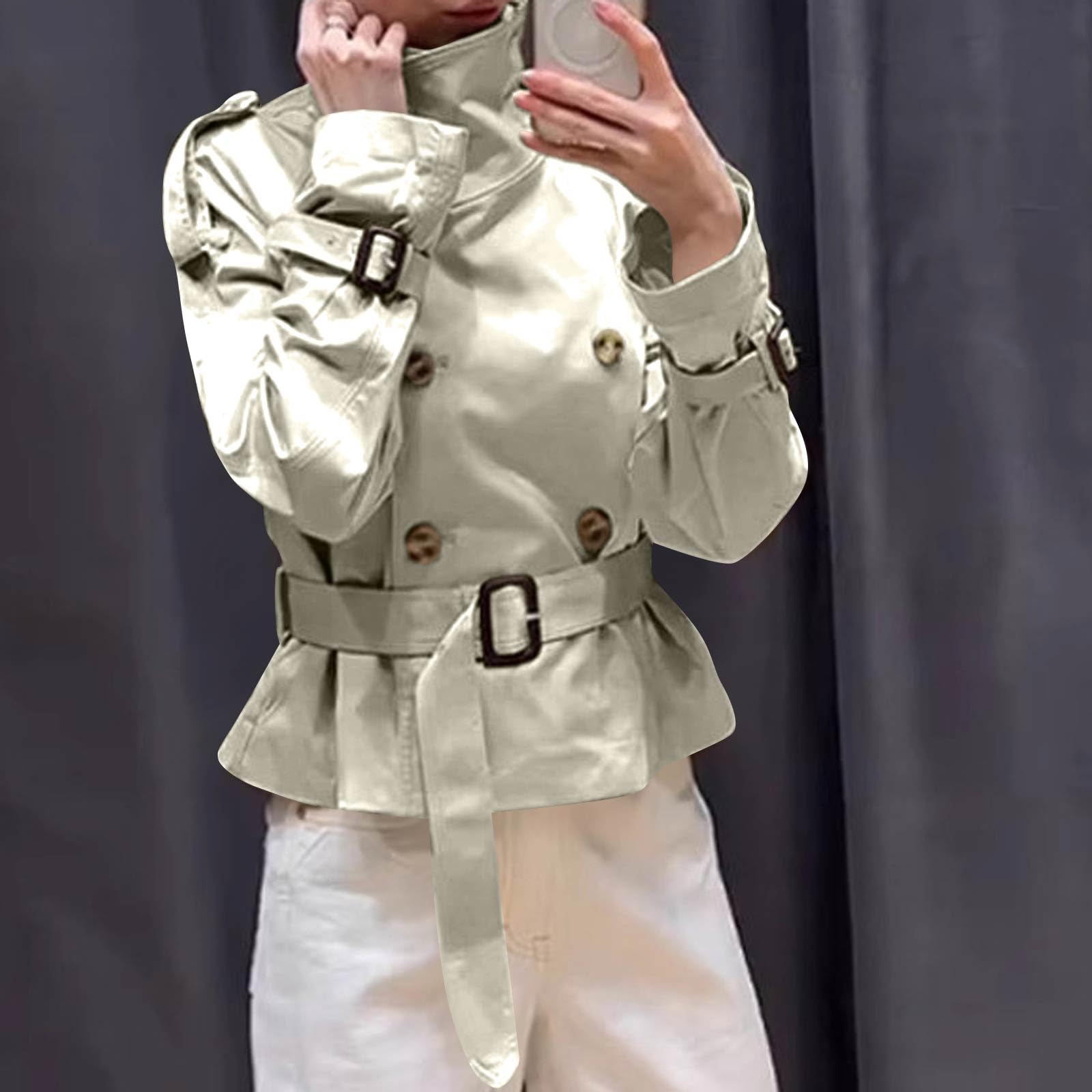 Ansenesna Übergangsjacke Damen Elegant Trenchcoat Kurz Mit Gürtel Wintermantel Ohne Kapuze Stehkragen Jacke Mantel Frauen Vintage Zweireihig Herbstjacke Kurzmantel Übergang Damen-Mäntel
