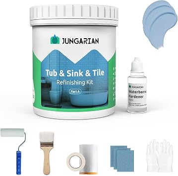 Tub and Tile Refinishing Kit 17.5oz with Tools, Low Odor DIY Bathroom Paint Sink Tub Countertop Tile Shower Paint for Bathroom Kitchen Porcelain Fiberglass, Semi-Gloss Sky Blue