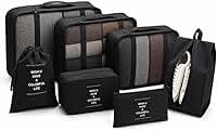Kit Organizador de Mala 7 Peças Impermeável Organizador de Bagagem para Roupas Sapatos e Cosméticos Necessaire de Viagem Dobrável Compacta Alta Capacidade Multiuso Unissex para Viagens (PRETO)