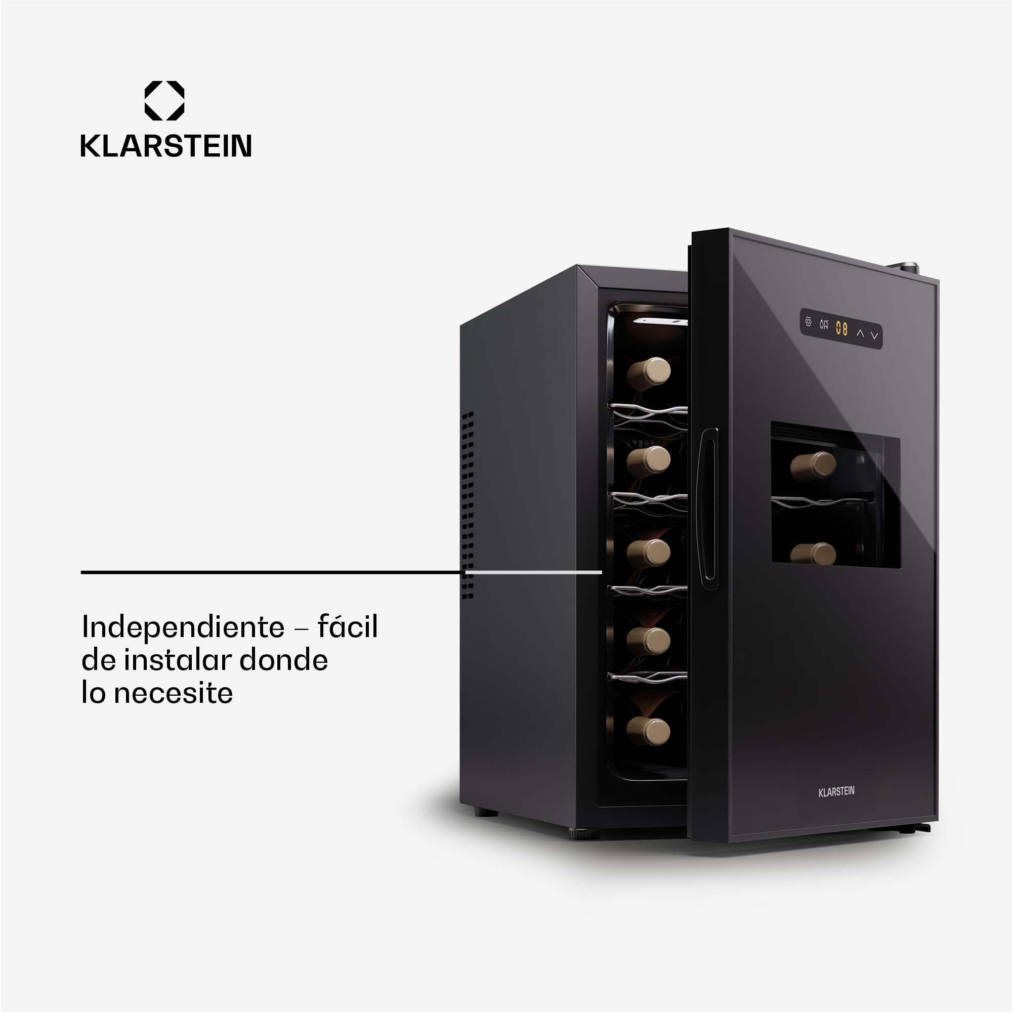 KLARSTEIN Nevera para vino independiente 1 zona, Nevera para bebidas pequeña, Nevera para vino pequeña con puerta de cristal,para botellas interior/exterior, para, 15 botellas