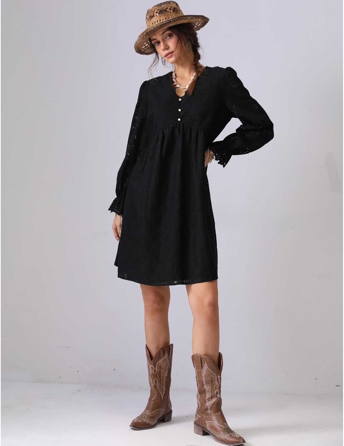 2025 Women Summer Short Dress V Neck Long Sleeve Floral Eyelet Lace Swing A Line Beach Vacation Sun Dress - Image 6