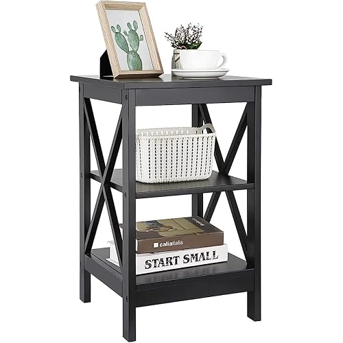 SUPER DEAL Side Table, 3-Tier End Table with Shelves, Versatile X-Design Wood Sofa Table for Living Room Bedroom Apartment Small Spaces, Black