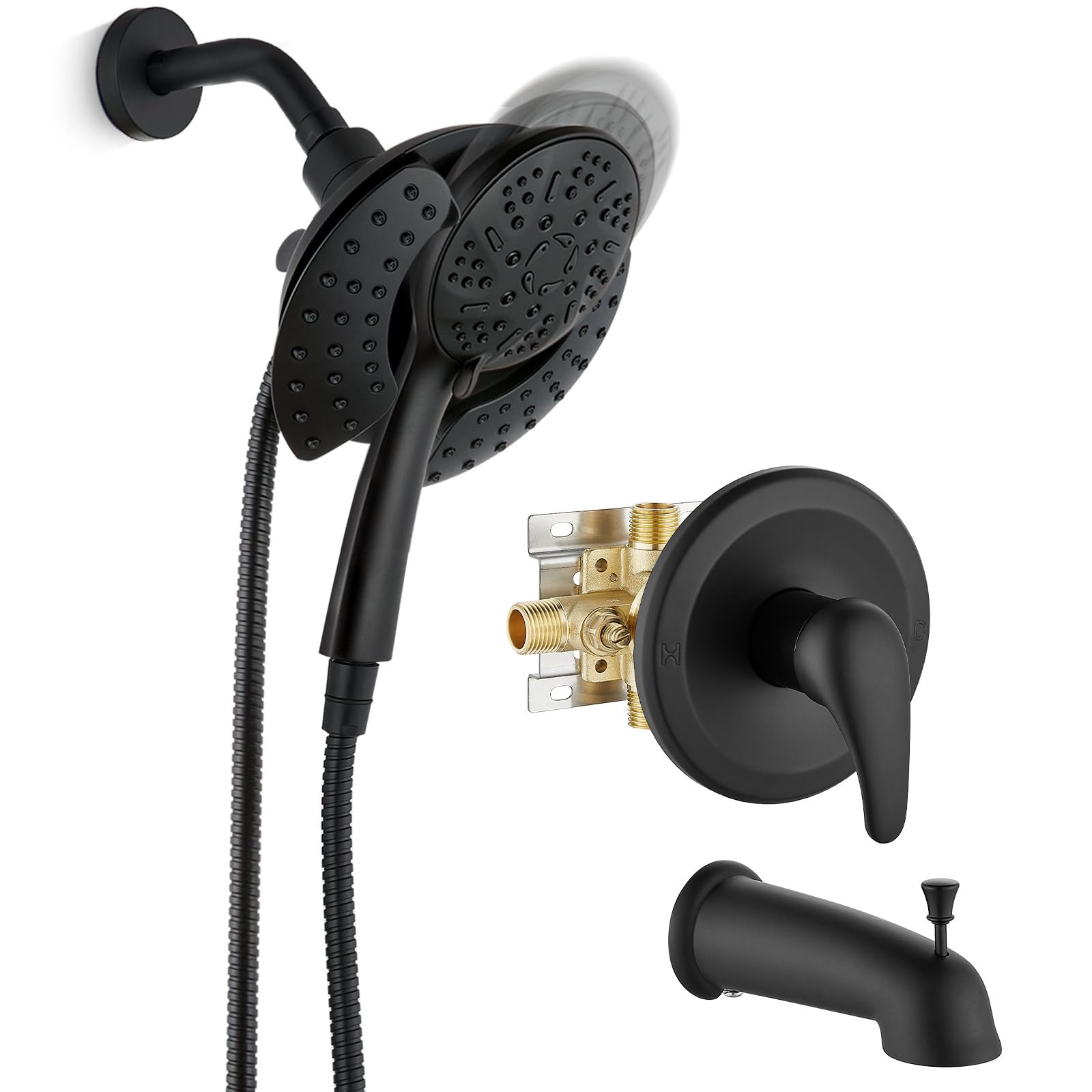 gotonovo Single-Handle Shower Faucet Set, Shower Trim Kit with 9-Spray 2-in-1 Dual Hand Held Shower Head with Hose, Wall Mounted Pressure Balancing Mixer Valve with Tub Spout Matte Black