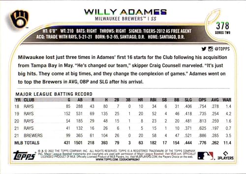 Miniatura 2 de Cerveceros Willy Adames NM-MT 2022 Topps #378