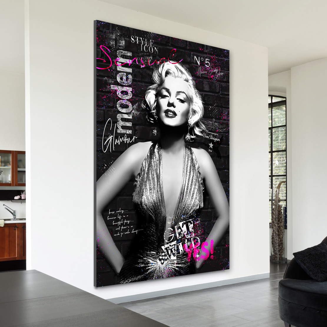 Kunstgestalten24 | Marilyn Monroe Vogue Black Pop Art Bild | Leinwand Bild | Wohnzimmer bilder | Wandbilder | Wanddeko | XXL Bilder auf Leinwand | Moderne Bilder | Hochwertige Kunstdrucke
