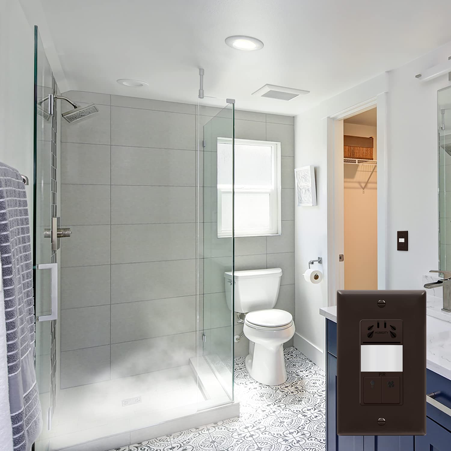 TOPGREENER Interrupteur de capteur d'humidité avec capteur de mouvement d'éclairage PIR, câble neutre nécessaire, détection d'humidité de l'air pour ventilateur de ventilation, contrôle automatisé de