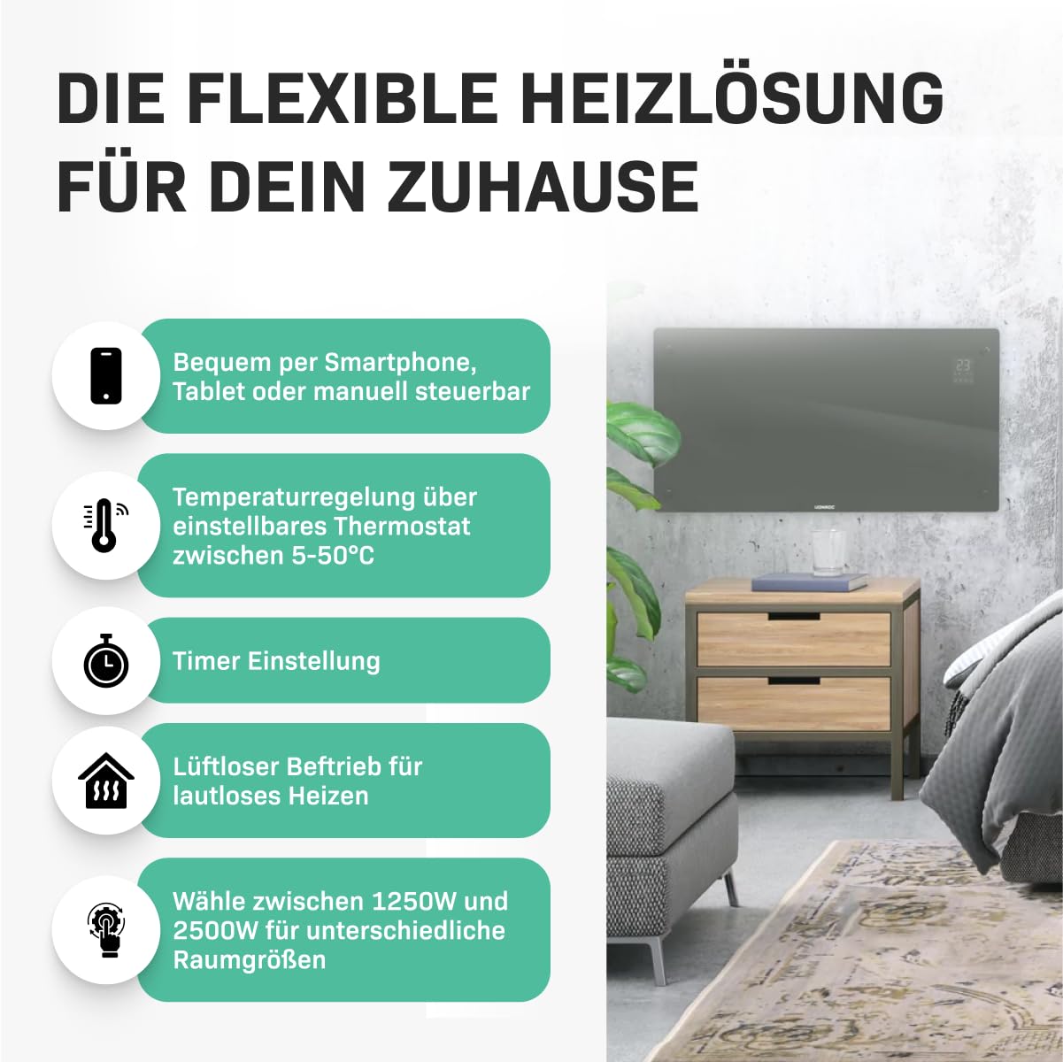 Vonroc Elektroheizung energiesparend 2500W - Konvektor Heizung [30qm Räume] | Mobile Elektrische Heizung [App/Touch Steuerung] - Heizkörper 2in1 Wand-/Bodenmontage - Grau