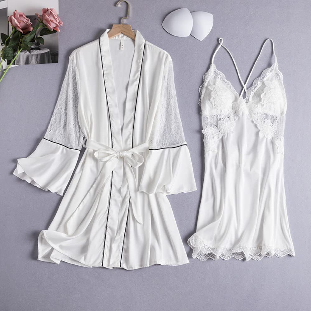 Pigiama Donna,Set Di 2 Accappatoi Kimono In Raso A Rete In Pizzo Sexy Camicia Da Notte Senza Schienale Con Pettorale Elegante Volant Maniche Larghe Abito Da Sposa Con Lacci Bademantel Damen,White,M