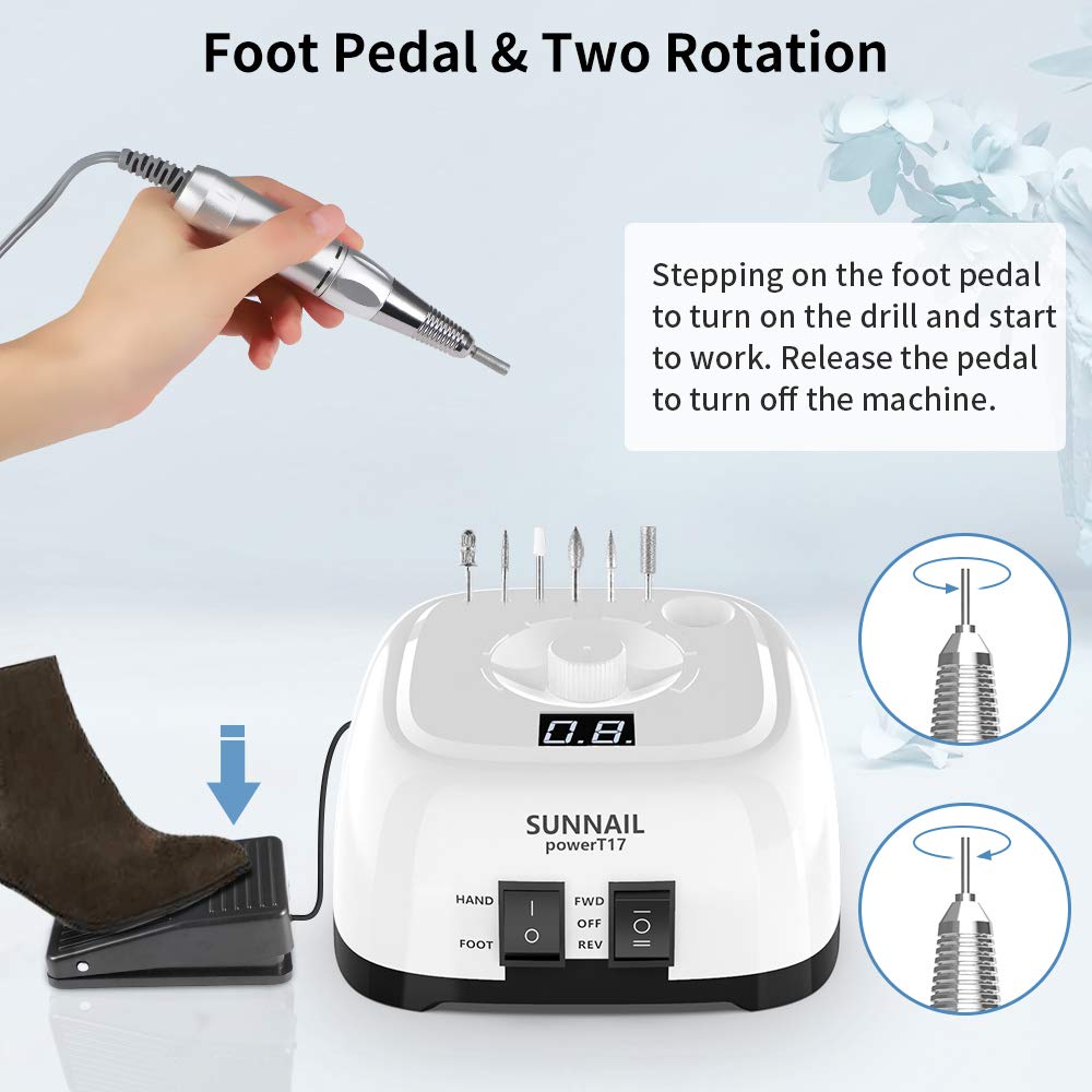 Nail Drill, RUEOO 35000 rpm Electric Nail Drill Machine, High Speed, Low Heat, Low Noise, Low Vibration, professional nail drill with Foot Pedal for Shaping, Buffing, Removing Acrylic