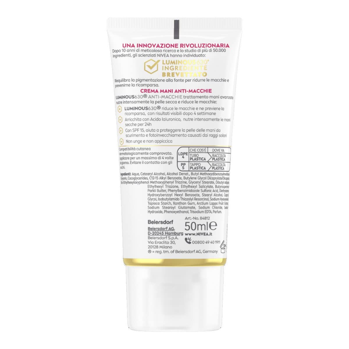 NIVEA Luminous630 przeciw plamom zaawansowany krem do rąk SPF 15, 50 ml, krem do rąk przeciwstarzeniowy i przeciw plamom, z kwasem hialuronowym i opatentowanym tiamidolem, do suchych i popękanych