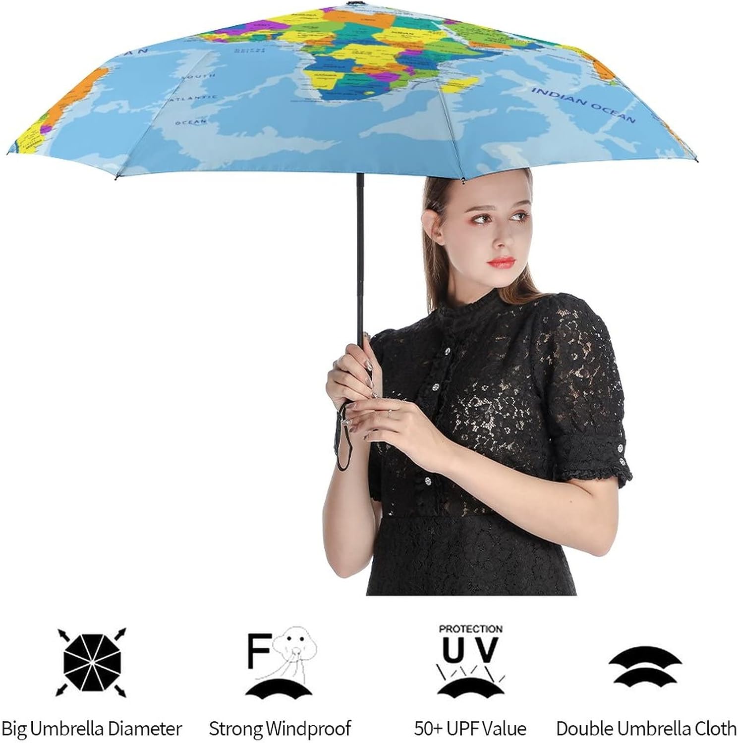 RIMENCH Sun Umbrella UV Protection for Rain Windproof Travel Compact Folding Umbrella Colorful World Map Automatic Open Close Umbrella Portable Umbrella for Women, Men