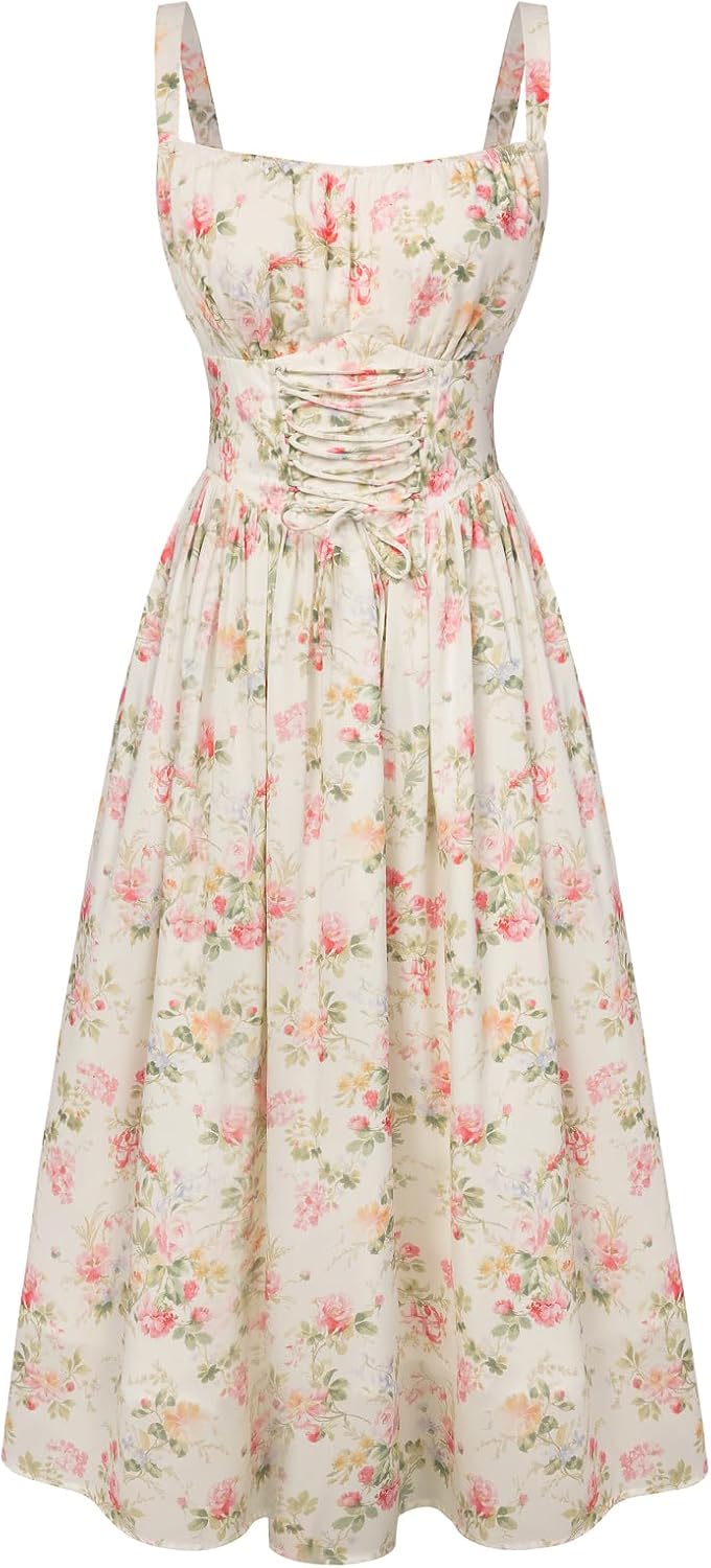 Scarlet Darkness Floral Dress for Women 2026 Corset Milkmaid Dresses Casual Summer Sundress with Pockets