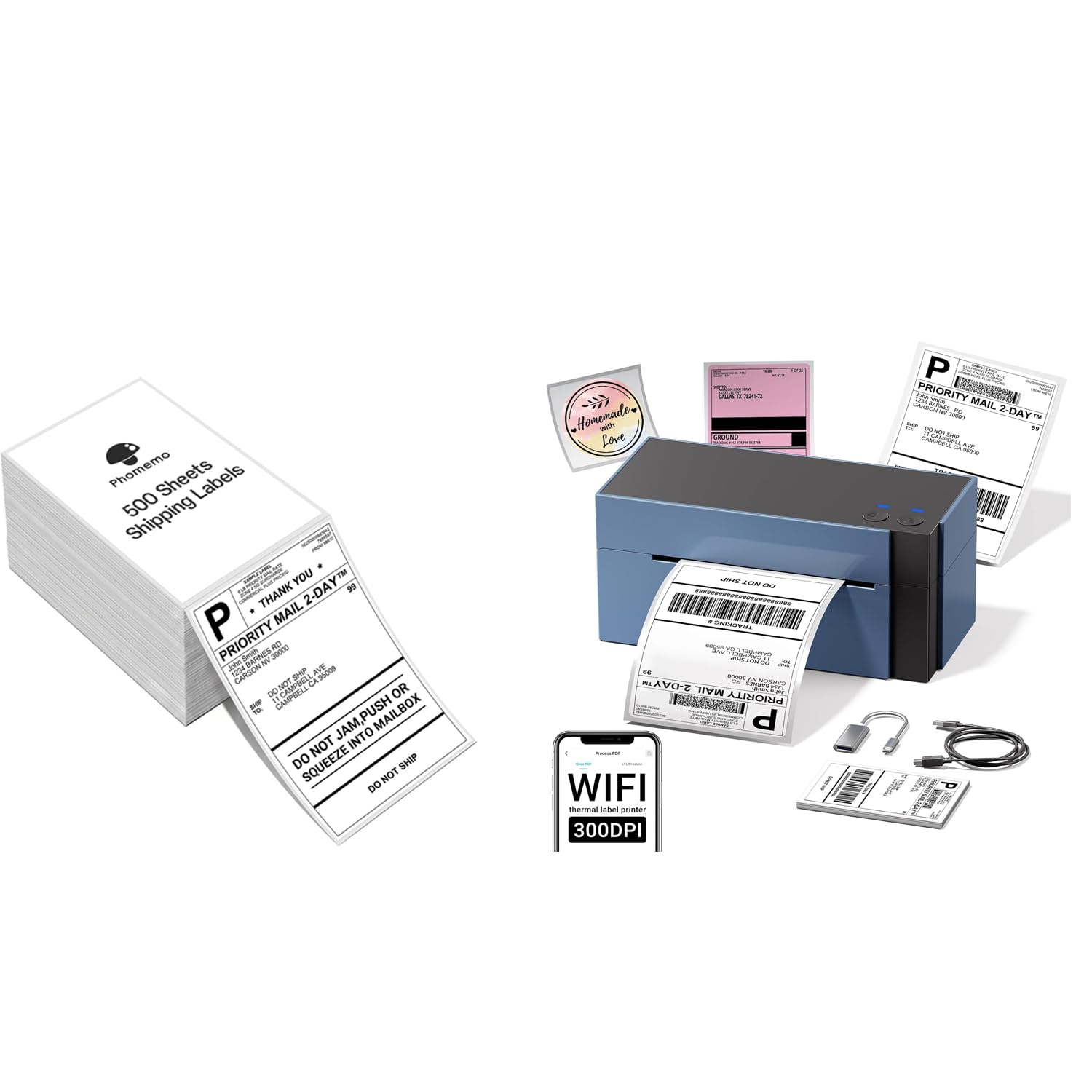 Phomemo 344 WiFi Etikettendrucker DHL Versandetiketten Drucker & 500er 4×6 DHL Etiketten Thermodirekt-Versandetikette, WLAN Desktop Label drucker für Barcode, Thermal Label Printer 4x6 Kompatibel mit