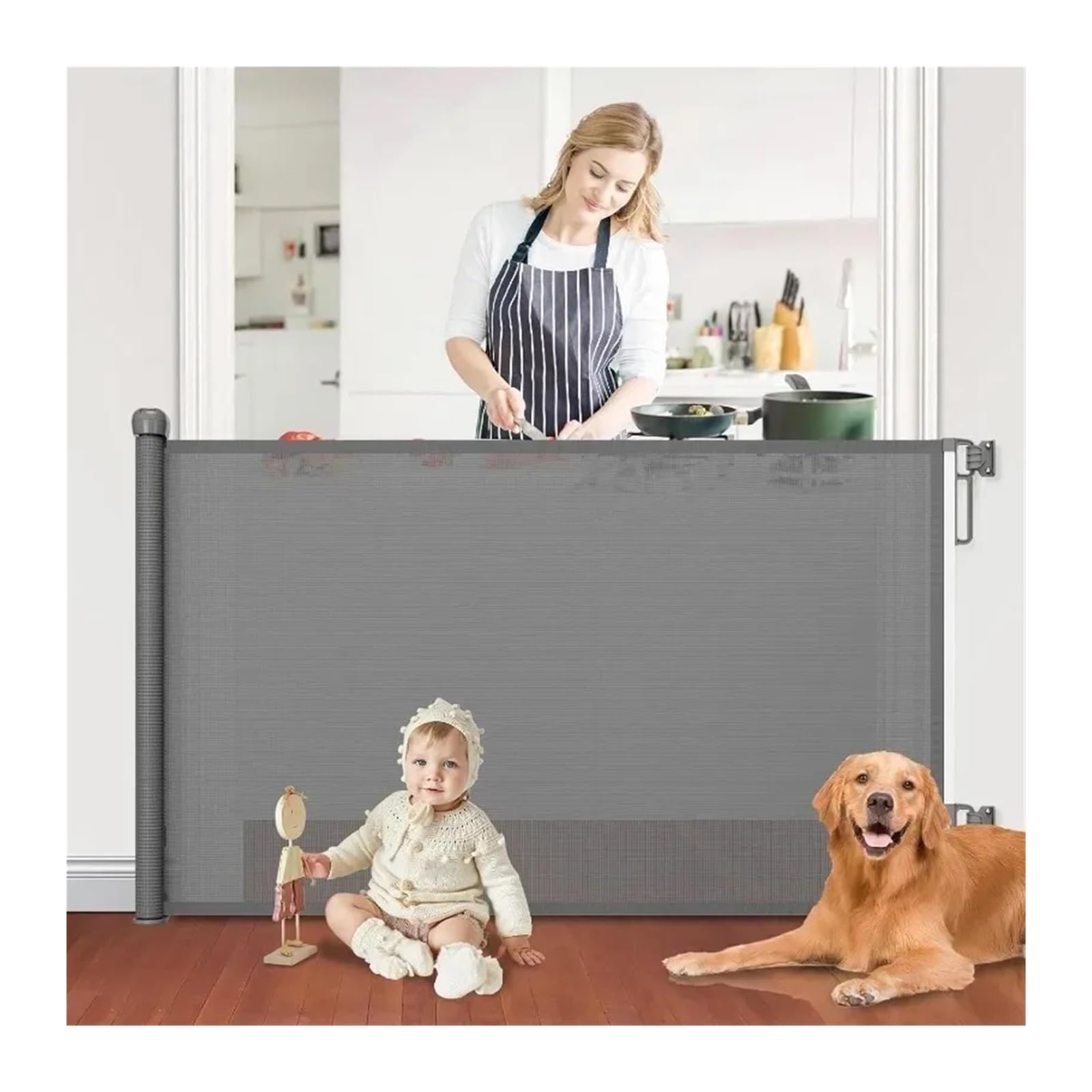 Puerta retráctil para perros para escaleras y puertas, ampliable hasta 54 pulgadas de ancho y 34 pulgadas de alto, malla segura para mascotas y niños pequeños (gris)
