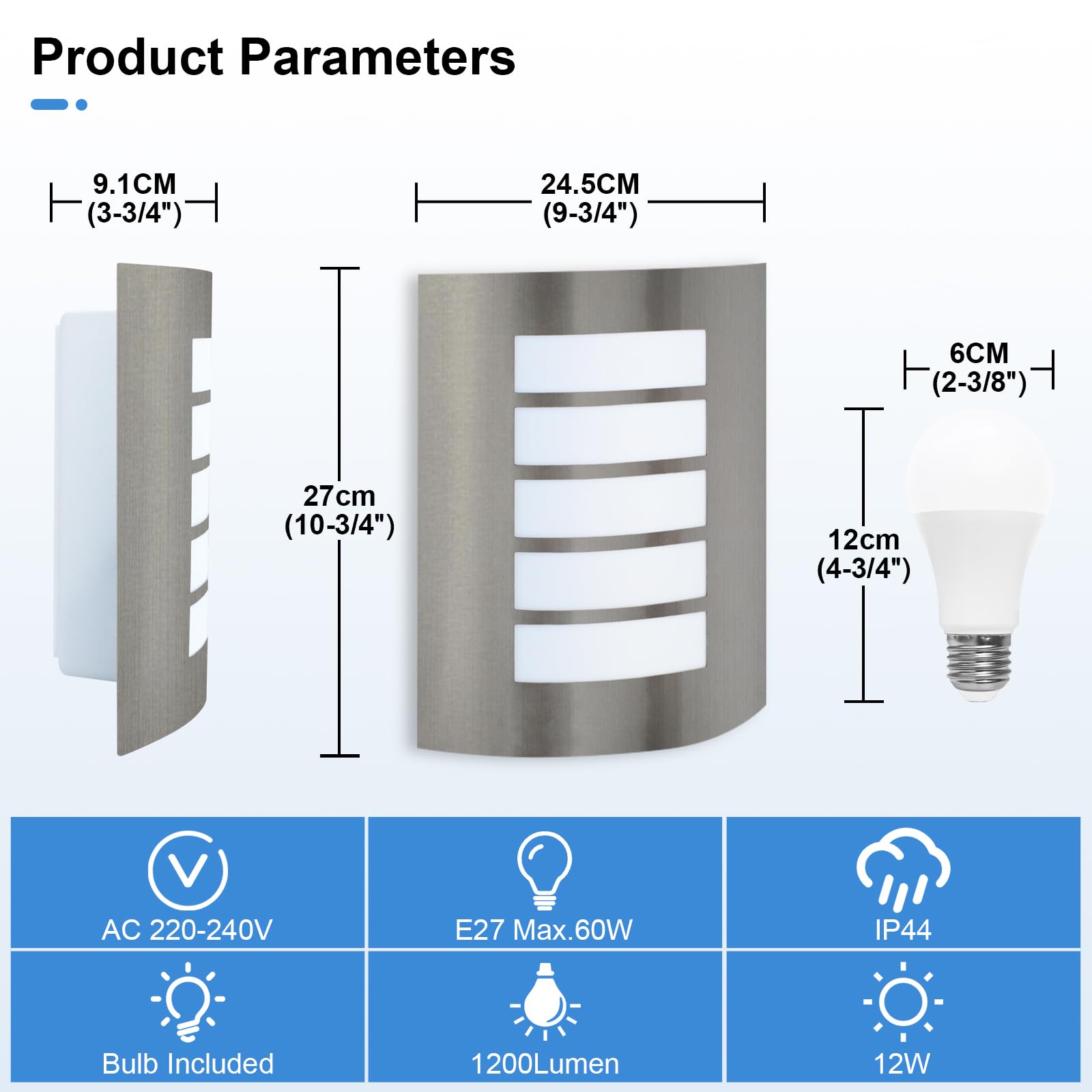 Wondlumi Outdoor Wall Lights Mains Powered IP44 Waterproof Stainless Steel Outside Wall Light for Porch Incl. 12W E27 Bulbs Cool White 6000K - Image 3