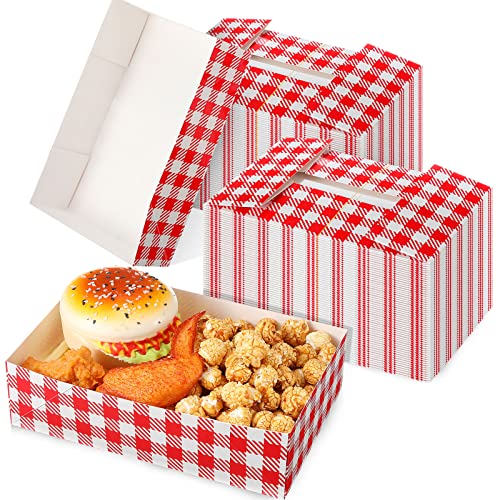 100 Pieces Red Checkered Food Tray Gingham Paperboard 4 Corner Pop up Food Tray Disposable Paper Food Trays Movie Night Snack Trays for Gingham Party Holding Food Drink at Stadiums or Movie Theater