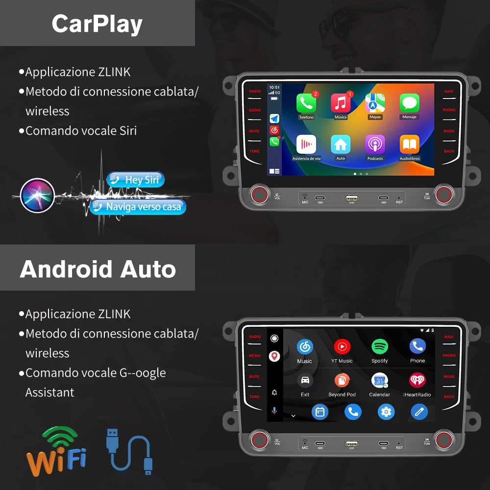 Autoradio 2 DIN per Golf 5 6 Passat Jetta Caddy Polo cc Tiguan EOS Touran T5 Scirocco Wireless CarPlay Android Auto Bluetooth/FM/RDS/USB/EQ/Tipo-C/Comandi al Volante