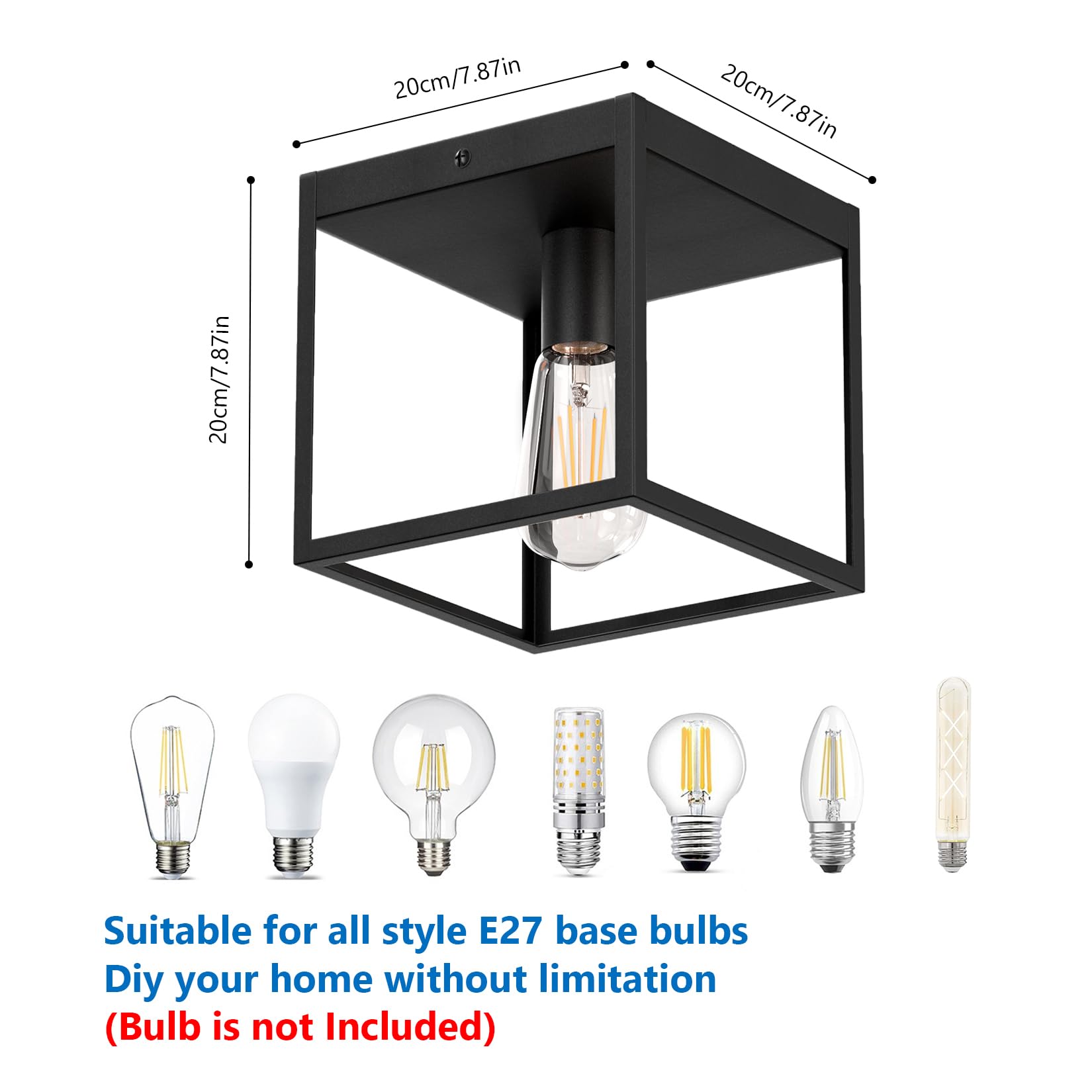 Klighten 2 Stück Schwarz Deckenleuchte E27, Leuchtmittel nicht Inklusive | E27 Fassung industrial deckenlampe schwarz eckig, Aluminium und Eisen, vintage Deckenlampe für Flur Schlafzimmer Wohnzimmer