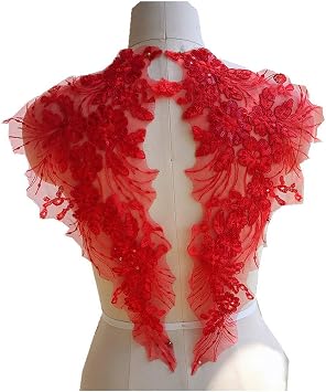 1 Pair Sequins 3D Flowers Embroidery Lace Applique Patches DIY, Red | Sew On, Floral Design, Wedding/Evening Dress Decor, Costume Decoration