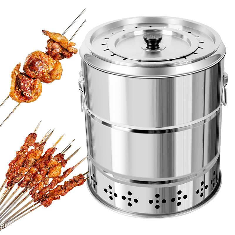 PASPRT Parrilla de carbón Envolvente de Barbacoa sin Humo de Acero Inoxidable, Barril de Parrilla con 28 brochetas y Juego de Accesorios para Parrillas, con algodón Aislante