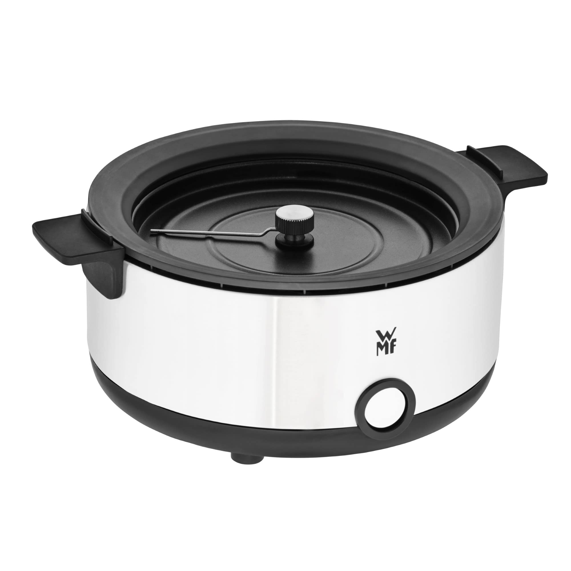 WMF KITCHENminis - Macchina per popcorn, piastra riscaldante rivestita, coperchio per servire, apertura per sciogliere il burro, preparazione con zucchero e sale, salvaspazio, in acciaio inox opaco