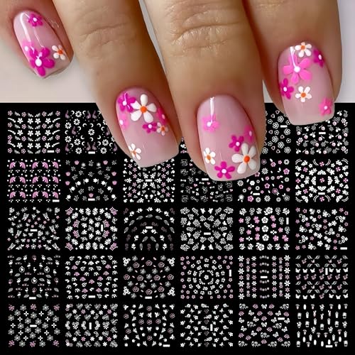 30Pcs Flower Nail Art Stickers Decals 3D Pink White Heart