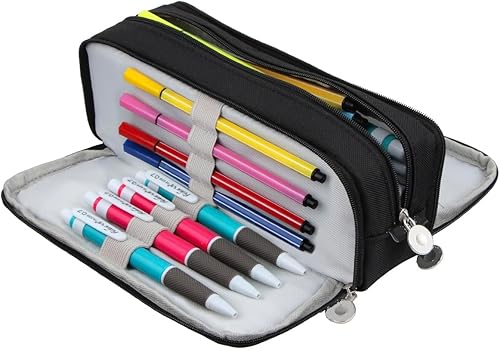 Miniatura 5 de Chelory Estuche para lápices de gran capacidad, bolsa de almacenamiento grande, bolsa de lápices de 3 compartimentos para papelería, estuche para