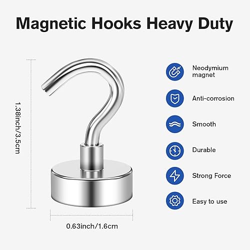 Miniatura 2 de Grtard Paquete de 15 ganchos magnéticos resistentes, imanes de neodimio fuertes de 25 libras con ganchos para colgar, refrigerador, hogar, cocina,