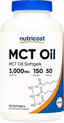 Nutricost MCT Oil Cápsulas blandas de 1000 mg 150 SFG 3000 mg Serv ideal para dietas cetogénicas cetosis y cetogénicas