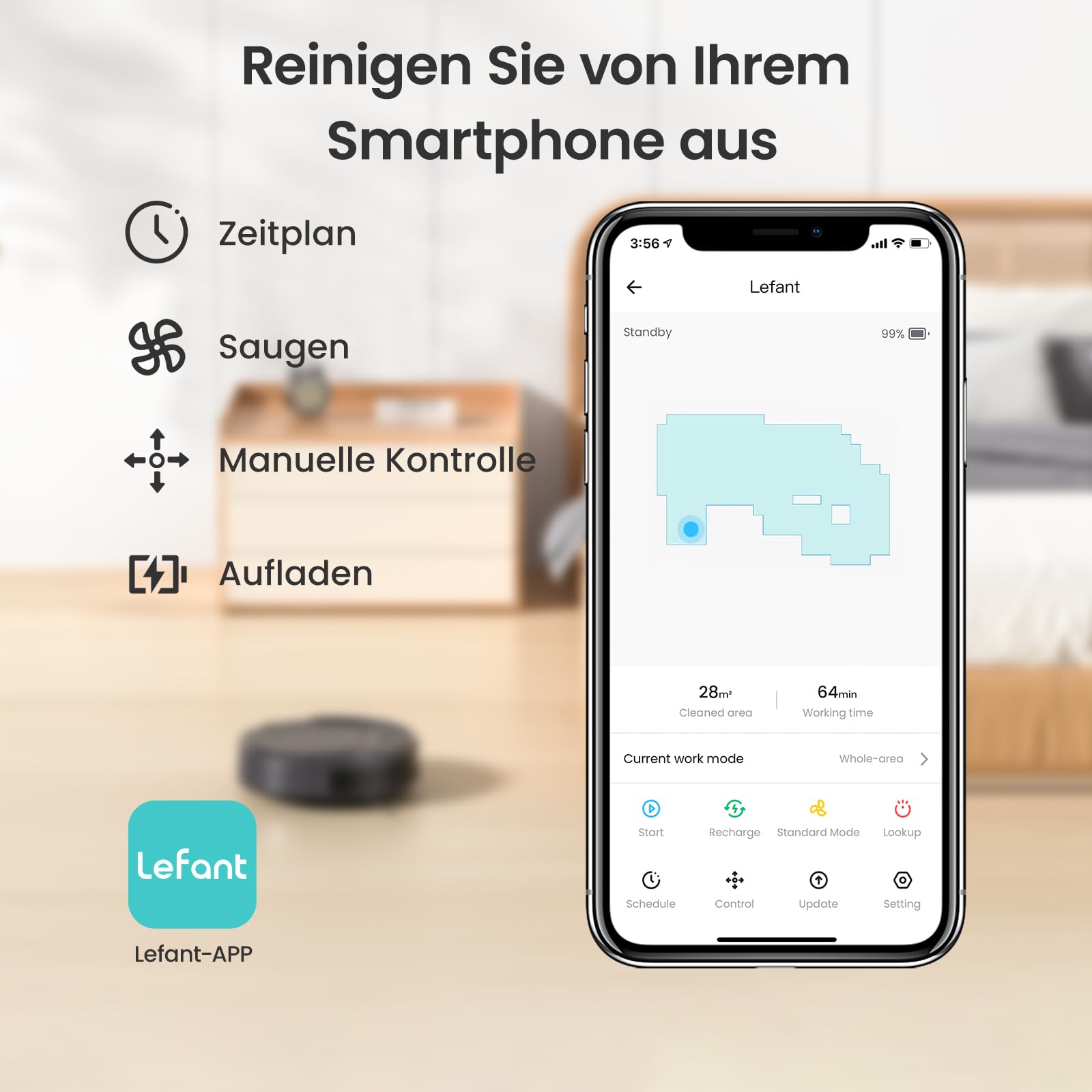 Lefant M210P Saugroboter ohne Wischfunktion, 2200 Pa Saugkraft, 120 Min.Steuerung per WLAN, Bluetooth, Alexa und App, 6 Reinigungsmodi und automatisches Aufladen, ideal für Tierhaare und Harte Böden