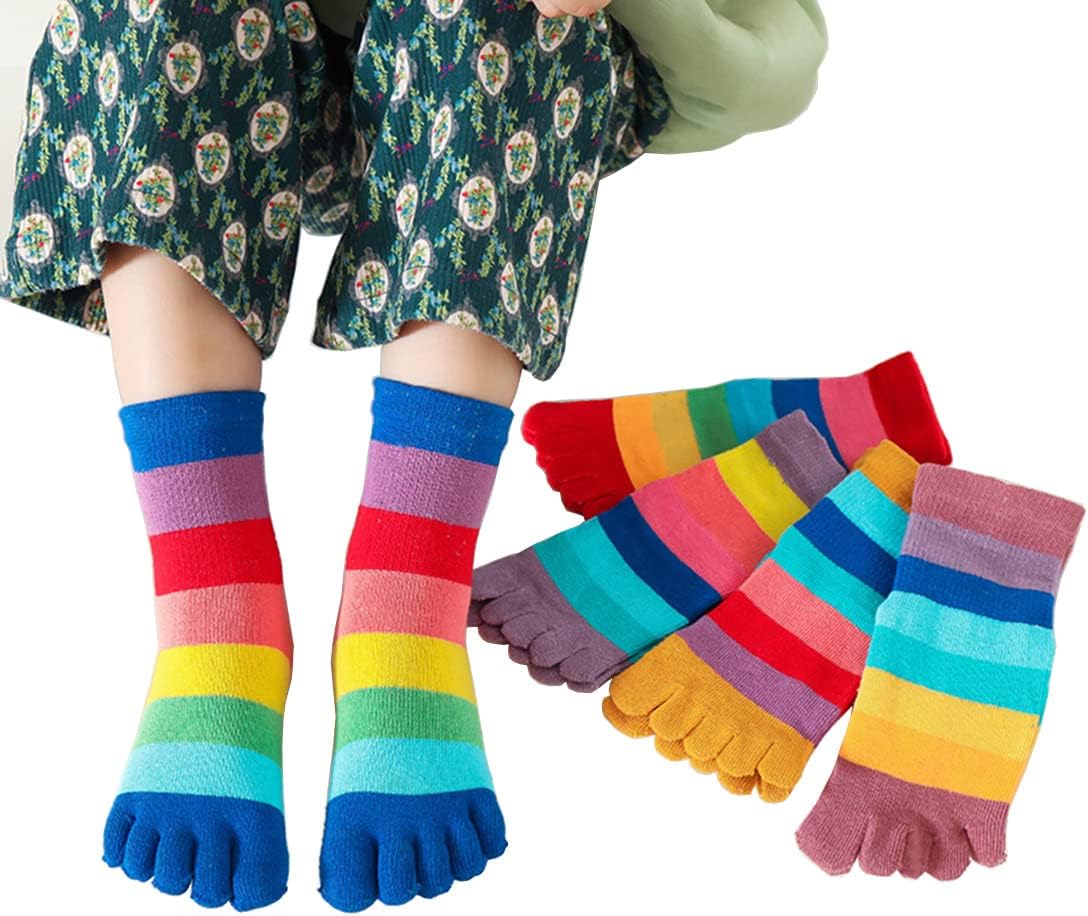 Kids Cotton Toe Socks, Five Finger Socks Rainbow Striped Socks for Children 2-10 Years, 5 Pairs