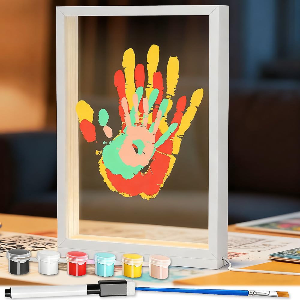 Hojalis Family Handprint Kit with LED Light, Baby Hand and Footprint Kit with 4 PS Panels, 6 Paints, 1 Paintbrush