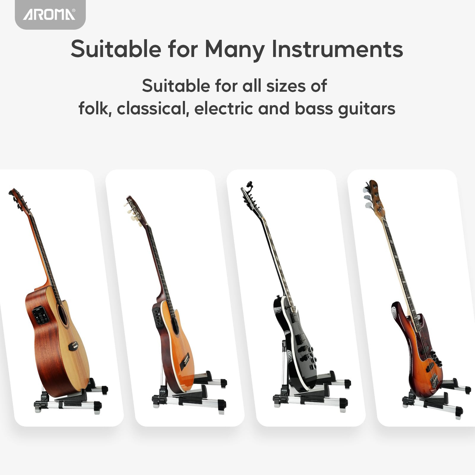 AROMA Supporto per Chitarra da Pavimento Pieghevole, Regolabile e Portatile per Chitarre Acustiche, Classiche ed Elettriche