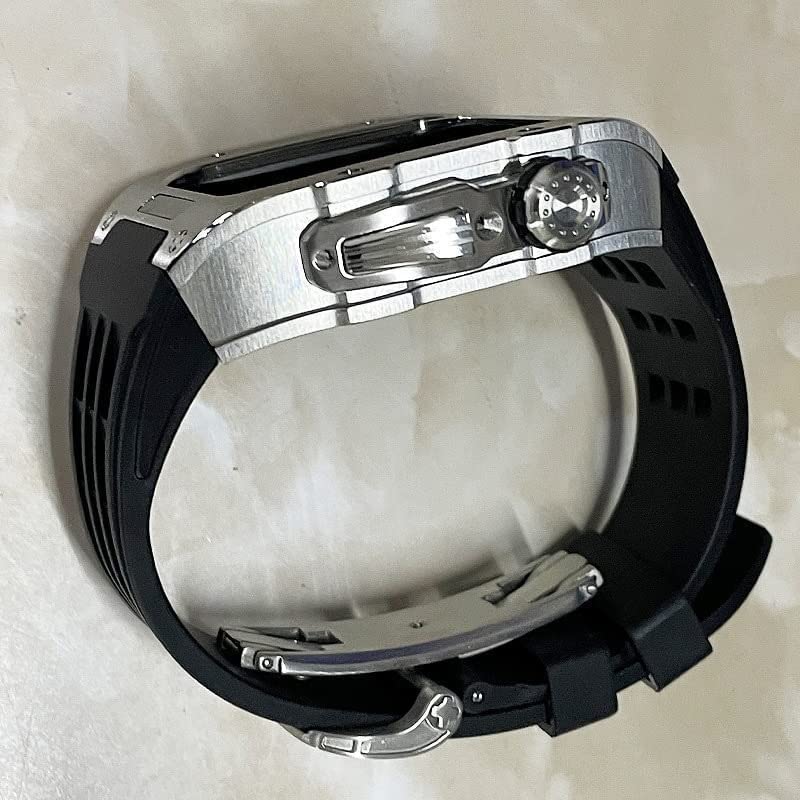 SCHIK Wytrzymała osłona ze stali nierdzewnej, gumowy pasek zastępczy, do zegarka Apple Watch 8, 7, 45 mm, 6, 5, 4, 44 mm, zestaw męski, metalowa ramka, pasek fluorowy, z zapięciem, akcesoria do