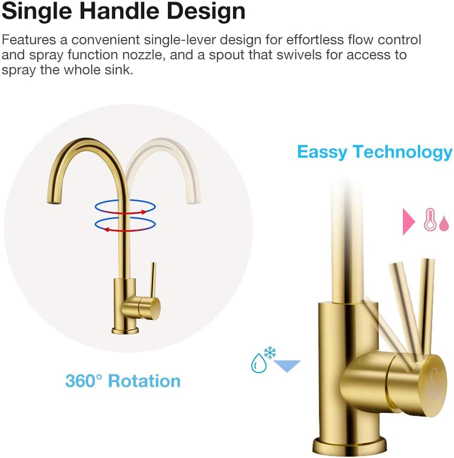 Nеw Dеаl Sanlong Kitchen Sink Faucet, Single Handle Kitchen Faucet 360 Degree Swivel Hot & Cold Water Spout, 304 Stainless Steel Body Brushed Finish(Gold)