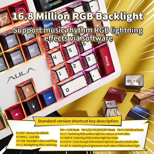 Image of AULA Wireless Mechanical Gaming Keyboard Full Size 8000mAh with Knob&Screen | Hot Swappable Custom,RGB Backlit,Creamy Pre-lubed Blaze Switches,PBT Keycaps,Tri-Mode BT /2.4GHz /USB-C,F106Pro Comic Mix Color