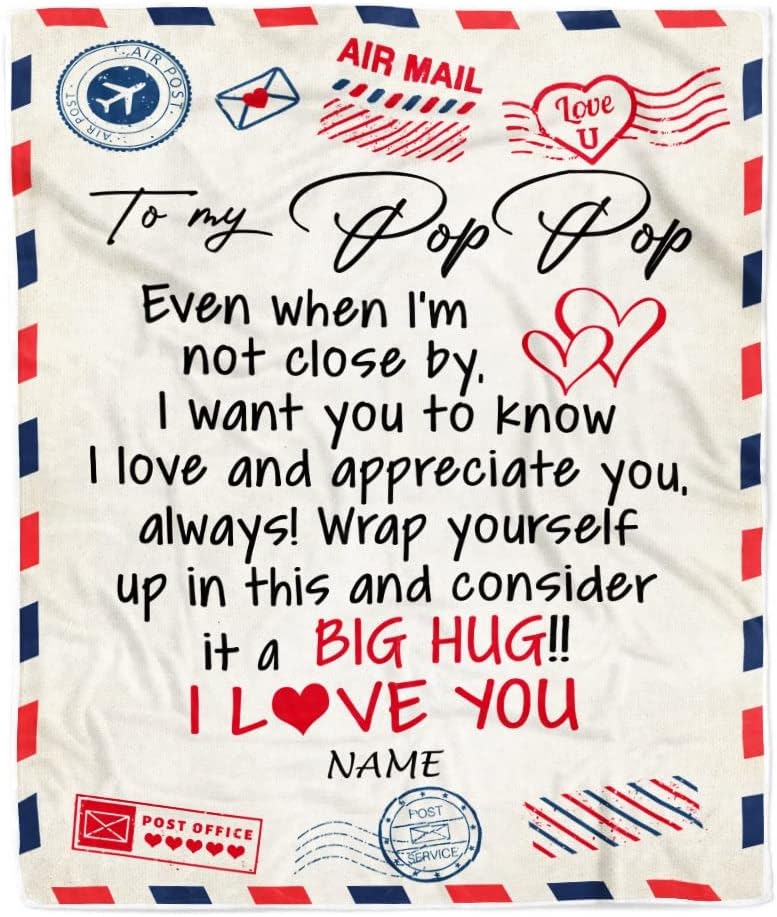 Personalized to My Pop Pop Blanket from Grandkids I Love You Hugs Air Mail Letter Pop Pop Birthday Fathers Day Christmas Customized Fleece Blanket (60 x 80 in Adult Size)
