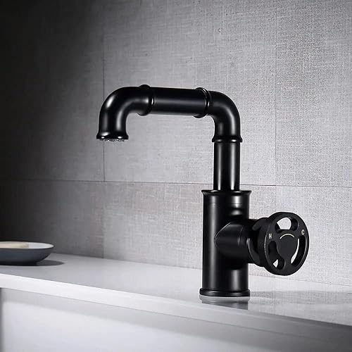 Miniatura 2 de KunMai Grifo de baño estilo tubería industrial, negro mate, manija única, grifo de lavabo, latón